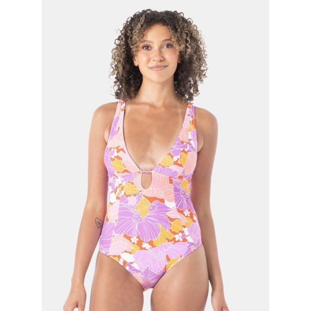 Roxy Women's Bell‎ Bottom Blooms Plunge One Piece Swimsuit in Lilac Multi Large